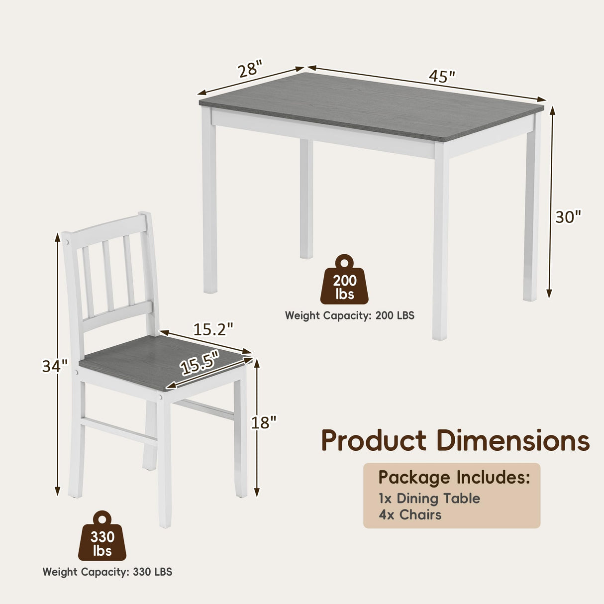 Buytime 5-Piece Dining Table Set for 4, Solid Wood Farmhouse Rectangular Kitchen Table Set with 4 Chairs, Space-Saving Wooden Dinette Set for Small Space, Dining Room, Breakfast Nook, Grey & White Buytime