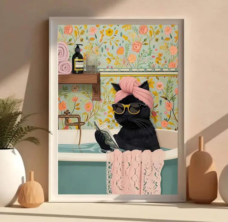 Black Cat Adult Paint by Number,Funny Bathing Cat Adults' Paint-by-Number Kits,DIY Acrylic Paint Kit for Adults Beginners Unframed,Easy Paint by Numbers Canvas for Decor 16x20inch Canrichshop