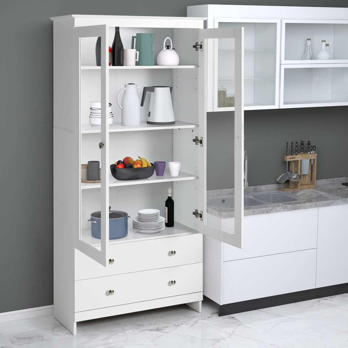 YIGOBUY White Bookcase with Glass Doors Tall Display Cabinet Wooden Bookshelf Organizer for Home Bedroom, Living Room, Office, Curio Cabinet Freestanding Kitchen Pantry YIGOBUY