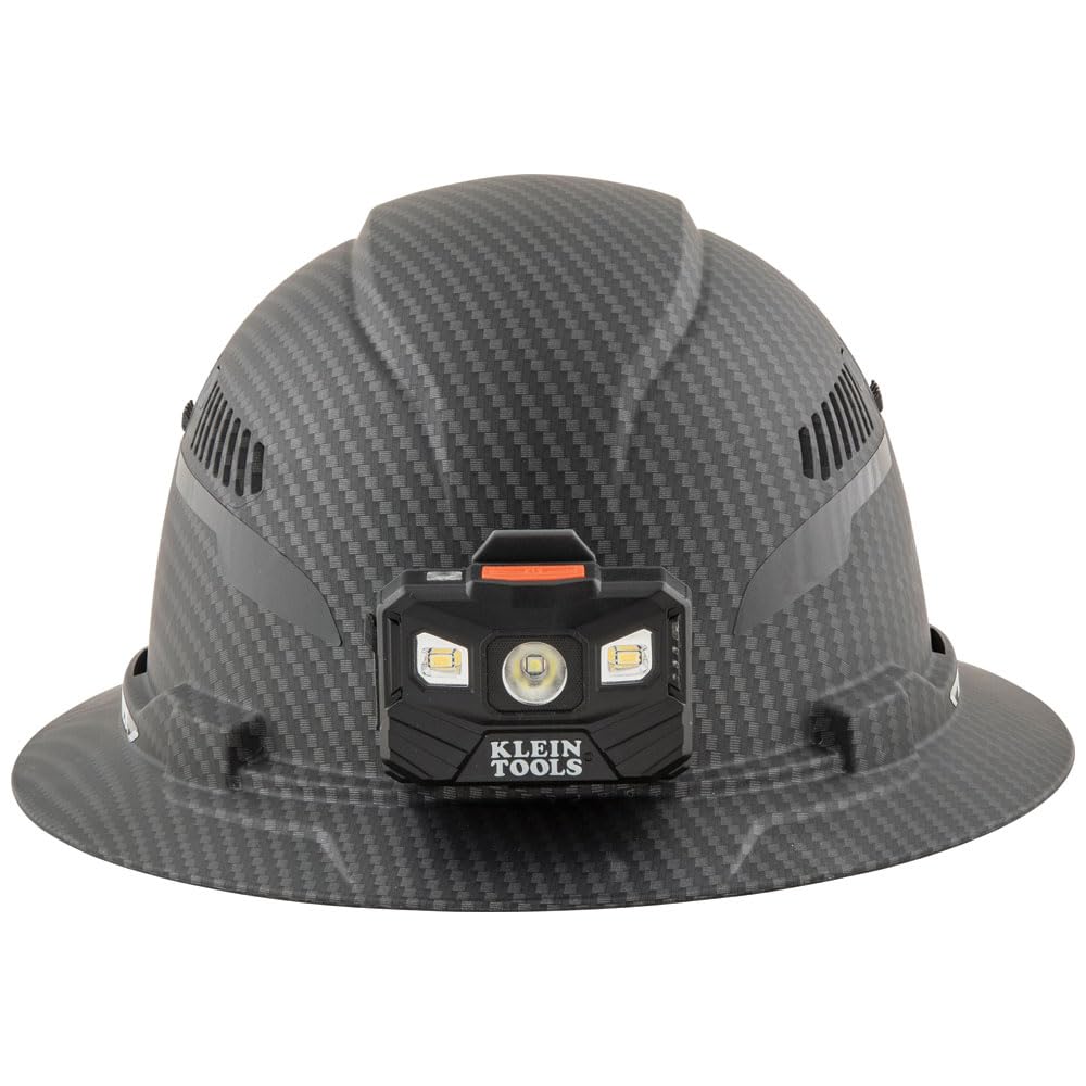 Klein Tools 60347 Hard Hat, Vented Full Brim, Class C, Premium KARBN Pattern, Rechargeable Lamp, Padded Sweat-Wicking Sweatband, Top Pad Klein Tools