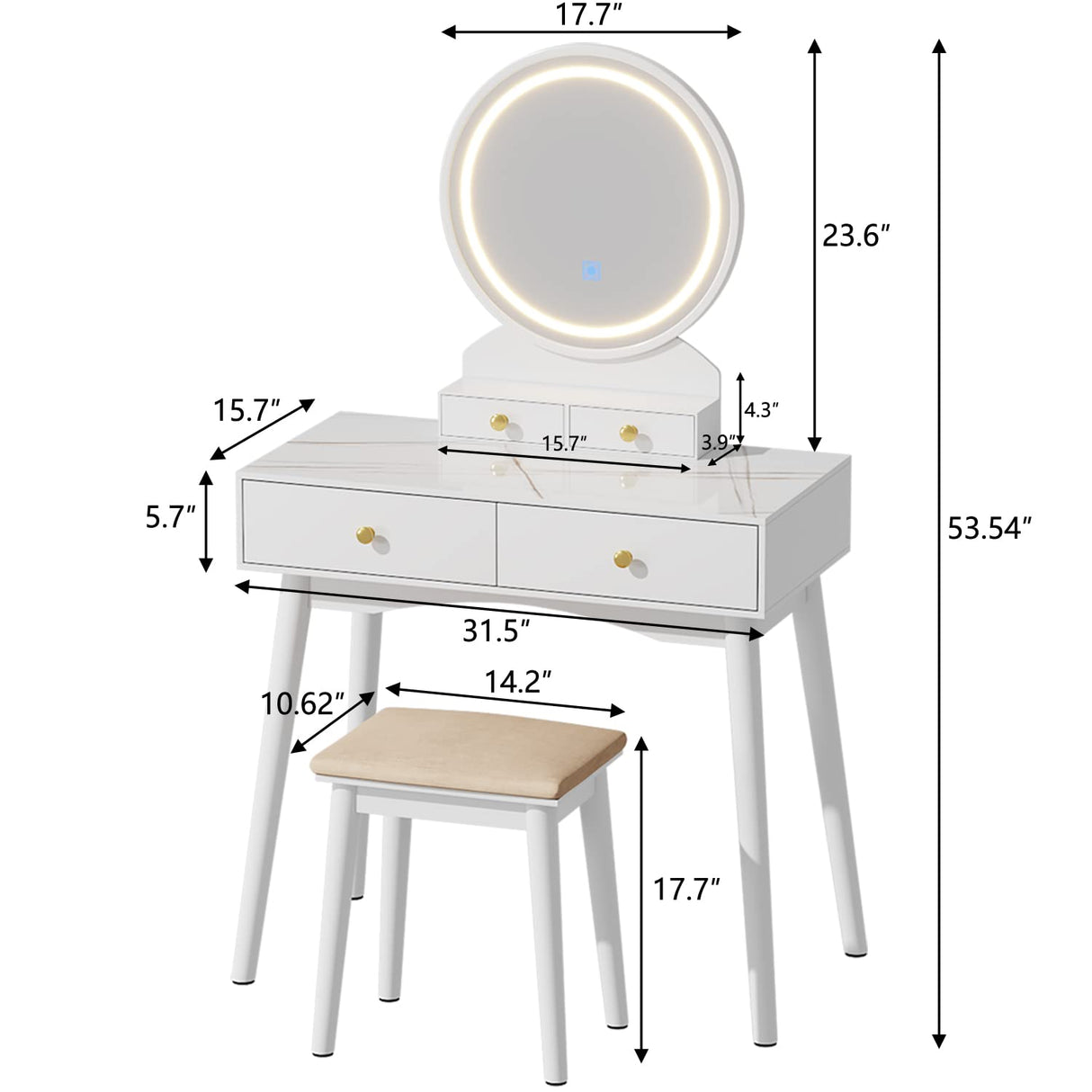 Furmax Vanity Desk Makeup Vanity Table with Lighted Mirror Vanity Set with Modern Desktop, Soft Cushioned Stool, 4 Storage Drawers, 3 Colors Mirror Brightness Adjustable (White) Furmax