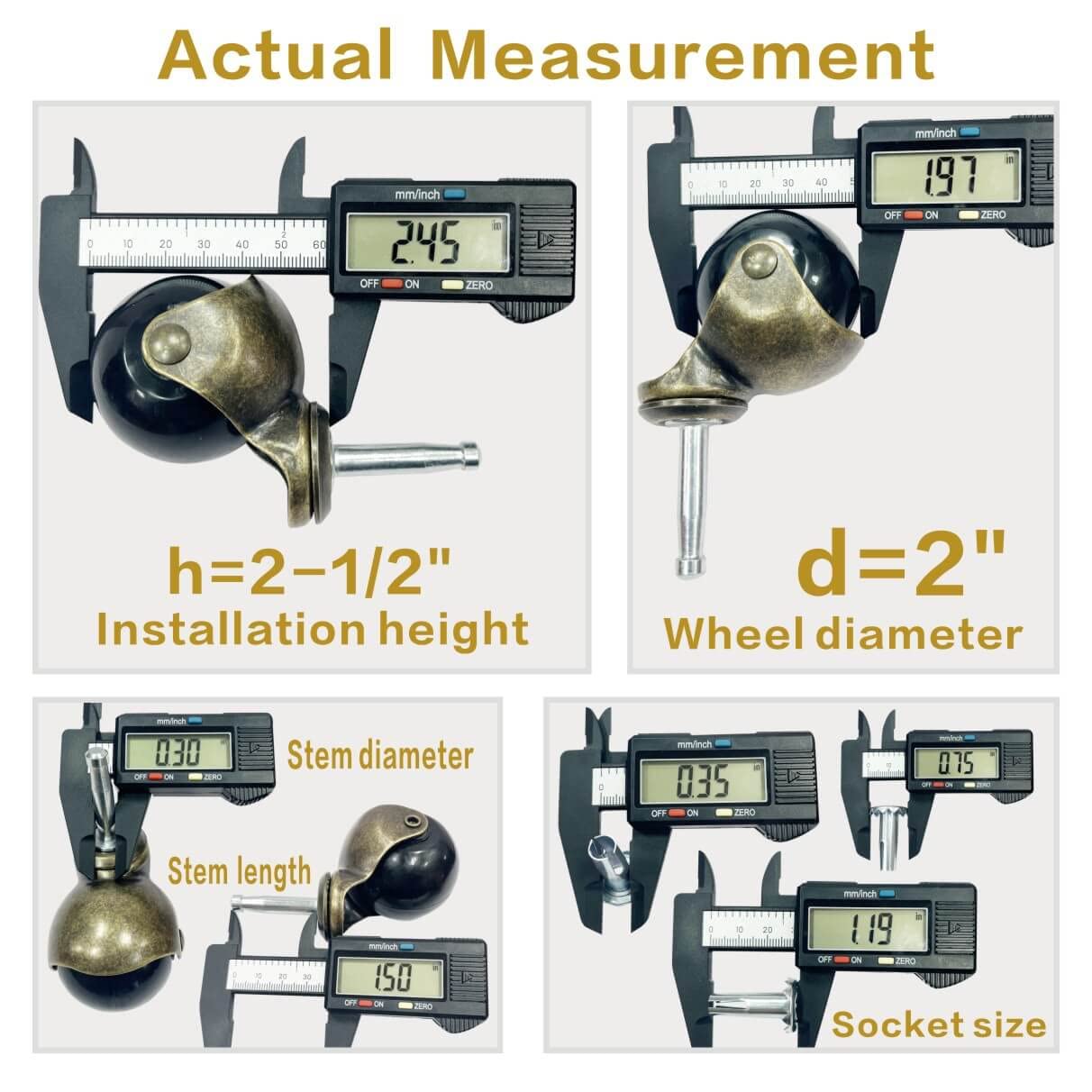 JGJC 2 inch Swivel Stem Ball Caster Wheels, Antique Furniture Casters Set of 4 with Socket, Solid Brass Casters with Stem (5/16" x 1-1/2"), Vintage Caster Wheels for Furniture, Table, Cabinet JGJC