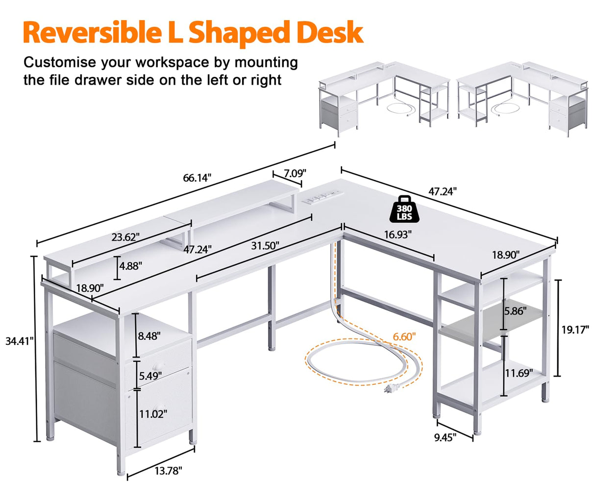 Furologee White 66” L Shaped Desk with Power Outlet, Reversible Computer Desk with File Drawer & 2 Monitor Stands, Home Office Desk with Storage Shelves, Corner Desk for Gaming Writing Furologee