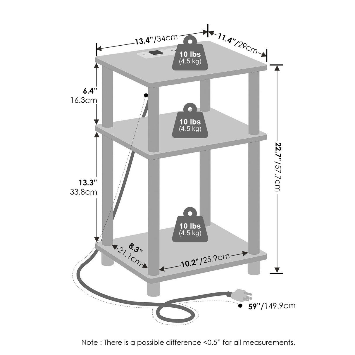 Furinno Just 3-Tier Turn-N-Tube Open Storage Nighstand, Bedside Table with USB and Type-C Charging Station, Amber Pine/Black Furinno