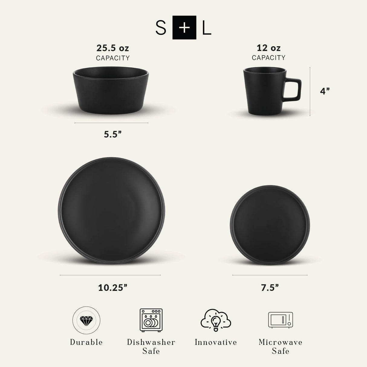 Stone Lain Coupe Dinnerware Set, Service For 4, Black Matte Stone Lain