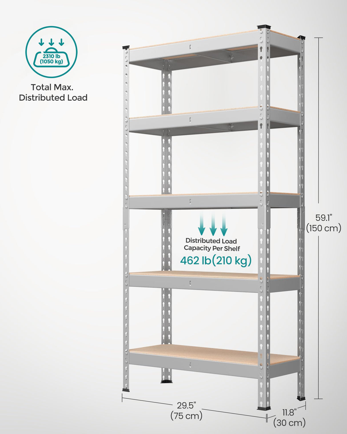 SONGMICS 5-Tier Storage Shelves, Load 2310 lb, Garage Storage, Boltless Assembly, Adjustable Shelving Unit, 11.8 x 29.5 x 59.1 Inches, for Study Shed Basement, Silver and Natural Beige UGLR300E01 SONGMICS