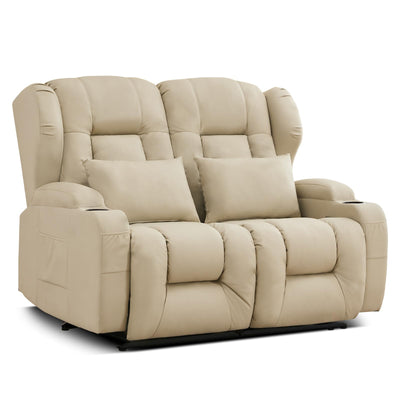 TUNYI 54.3" Loveseat Recliner Sofa - Manual Reclining Loveseat Faux Leather Home Theater Seating with Cup Holder/Pillow for Living Room, Apartment (Beige, Loveseat)