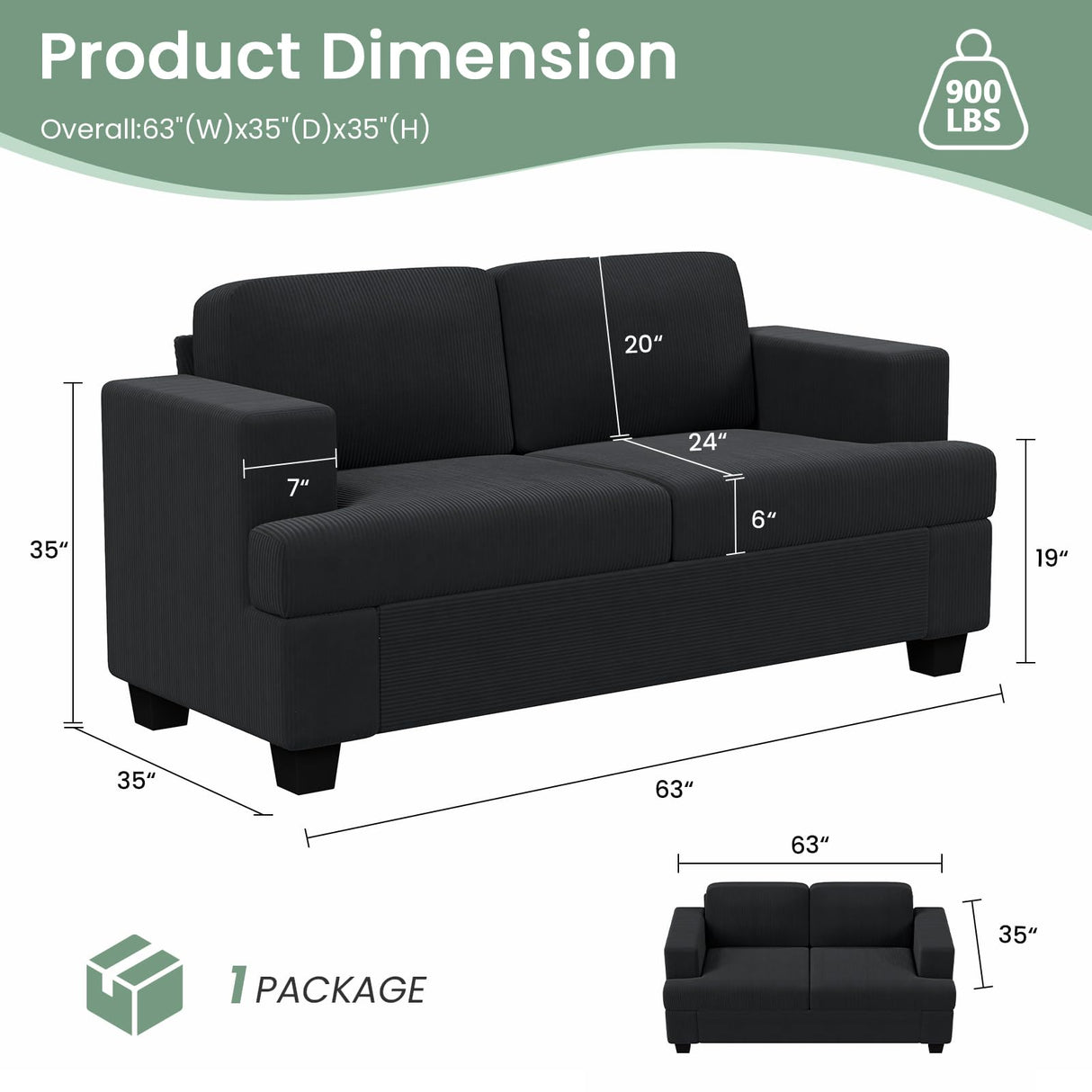 YOUDENOVA 63” Corduroy Loveseat Sofa Couch for Living Room, Small Couch with Deep Seat for Bedroom, Comfy Could Loveseat for Small Living Room, Black Corduroy YOUDENOVA