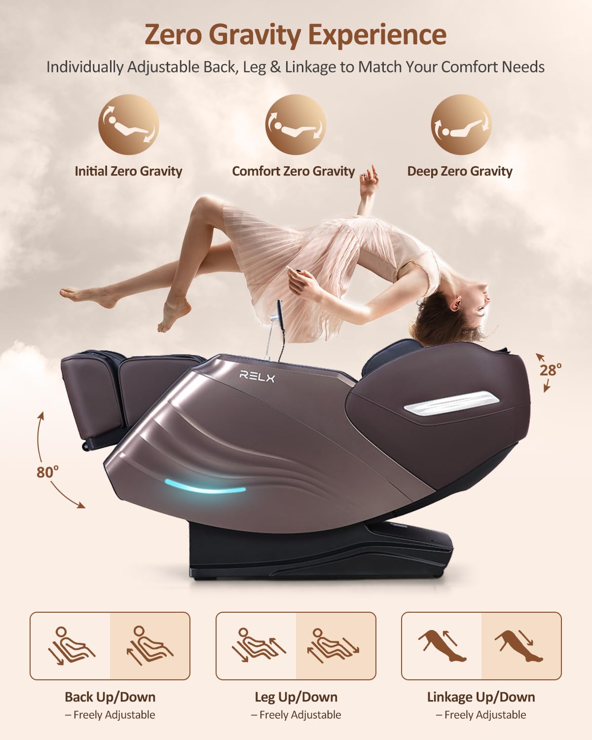 RELX 2026 Massage Chair Full Body, 20 Modes Zero Gravity SL-Track Shiatsu Massage Chair Built-in Heat System, Airbag Massage with Body Scan, Deep Yoga Stretch, Calfrest Extension and AI Control(Brown) RELX