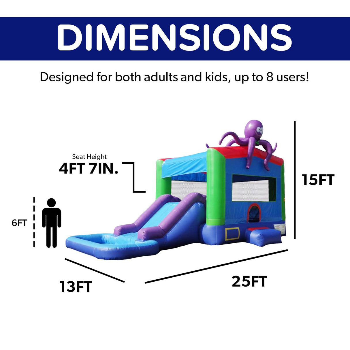 JumpOrange Octopus Commercial Grade Bounce House Water Slide with Splash Pool for Kids and Adults (with Blower), Wet Dry Combo, Basketball Hoop, Outdoor Indoor, Big Inflatable, Birthday Party Rental JumpOrange