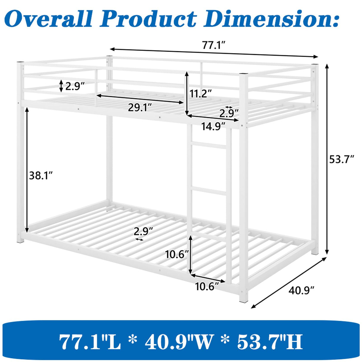 HomJoones Low Metal Bunk Bed Frame for Kids, with Built-in Ladder, High Guardrail and Metal Slats, Floor Bed Bottom Bunk, No Boxspring Required, for Small Spaces, Twin-Over-Twin (White) HomJoones