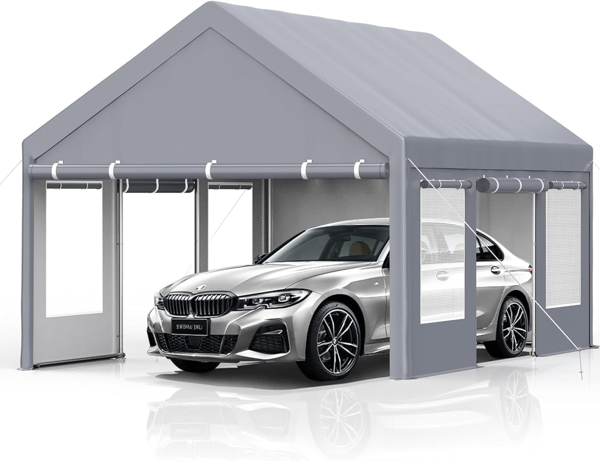 Klysiora 13x20 Ft. Metal Carport Garage with PE Fabric and Galvanized Steel Frame Outdoor Shelter for Cars, Trucks and Boats with 4 Doors and Mesh Windows for Ventilation - Grey Klysiora