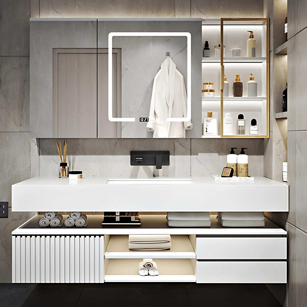 ZGNBSD Bathroom Vanity with Sink - Modern Floating Bathroom Vanity | LED Smart Medicine Cabinet Included | Multi-Layer Solid Wood Bathroom Vanity | Wall-Mounted Installation (White, 50") ZGNBSD