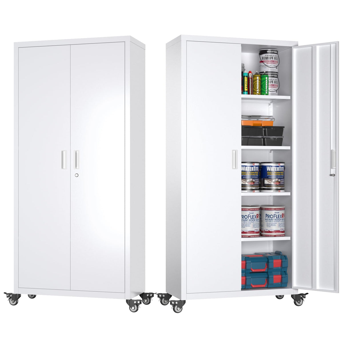 Aobabo 73" H Metal Storage Cabinet with Wheels, Locking Garage Storage Cabinet with 4 Shelves, Rolling Tool Storage, White, Assembly Required Aobabo