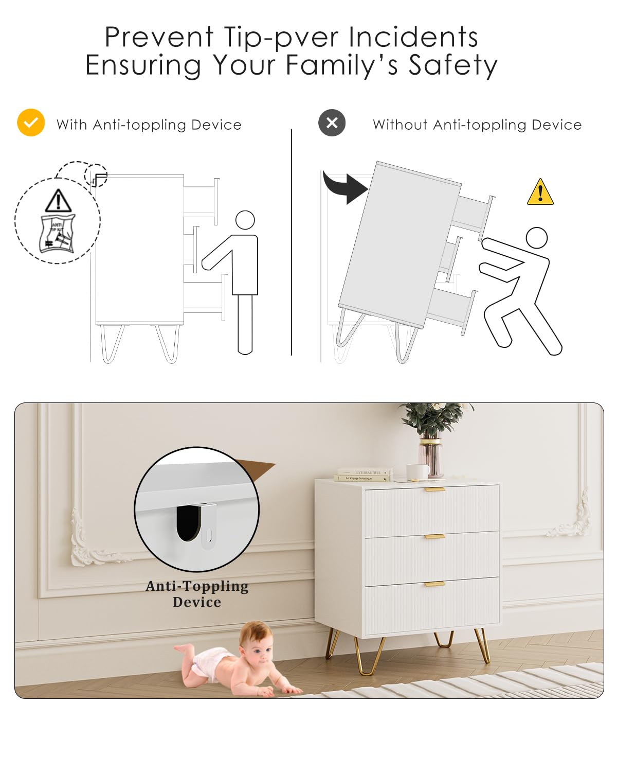 AEPOALUA Fluted 3 Drawer Dresser for Bedroom, Modern Storage Bedroom Dresser Chest Cabinet Organizer with Anti-Tip Hardware for Living Room, Dressing Room, Kids Room, Office (White) AEPOALUA