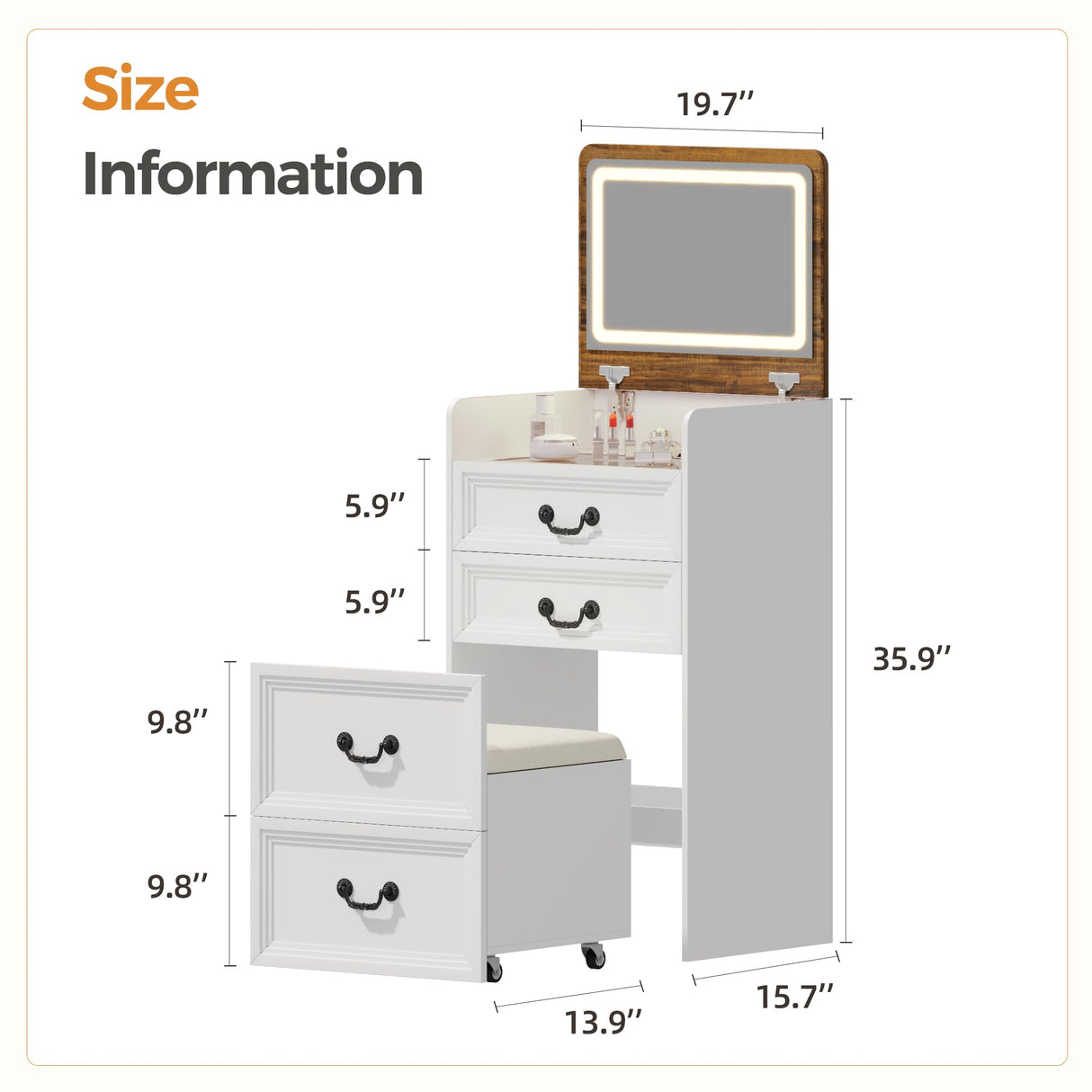 ChicFurnit Makeup Vanity,3-in-1 Vanity Desk with Flip-Top Mirror,Hidden Stool & Visible Glass Desktop,Convertible Vanity Set with USB Charging Station,Open Shelf & 3-Color Lighting,White&Brown ChicFurnit