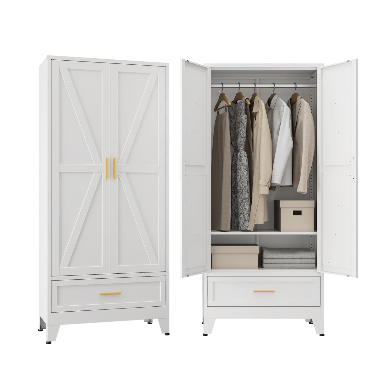XIOMIOHTRQ Metal Wardrobe Cabinet, 71" Tall Armoire Wardrobe Closet with Drawer, Farmhouse Clothing Storage Cabinet for Bedroom, Laundry (White, 1 Drawer) XIOMIOHTRQ