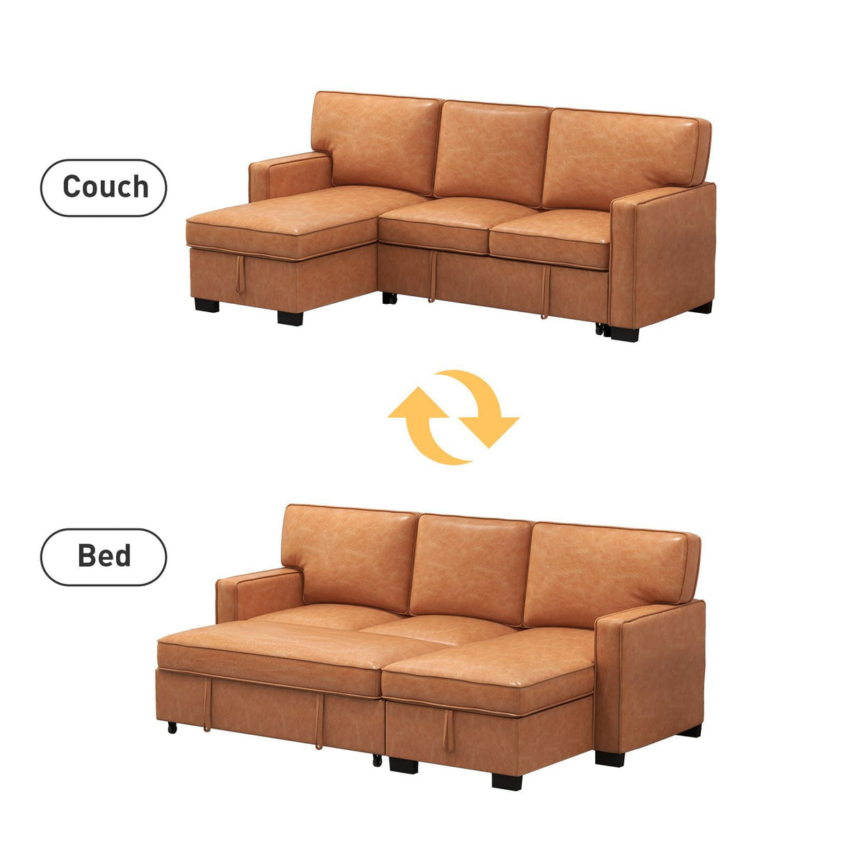 EBELLO Convertible Sleeper Sofa 3 in 1, Faux Leather Modern L-Shaped Couches for Living Room, Pull Out Sectional Futon Sofa Bed with Storage Space, USB Ports and Cup Holders for Bedroom, Brown EBELLO