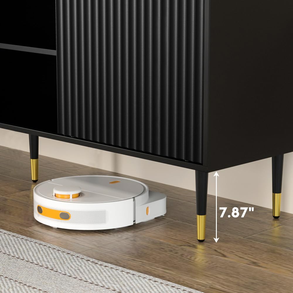 TV Stand for 65 Inch TV, Black TV Stand Entertainment Center with Storage, Fluted Waveform Doors TV Console Table with Sliding Doors & Adjustable Shelves, TV Stand for Living Room Bedroom, Black SYESWAY