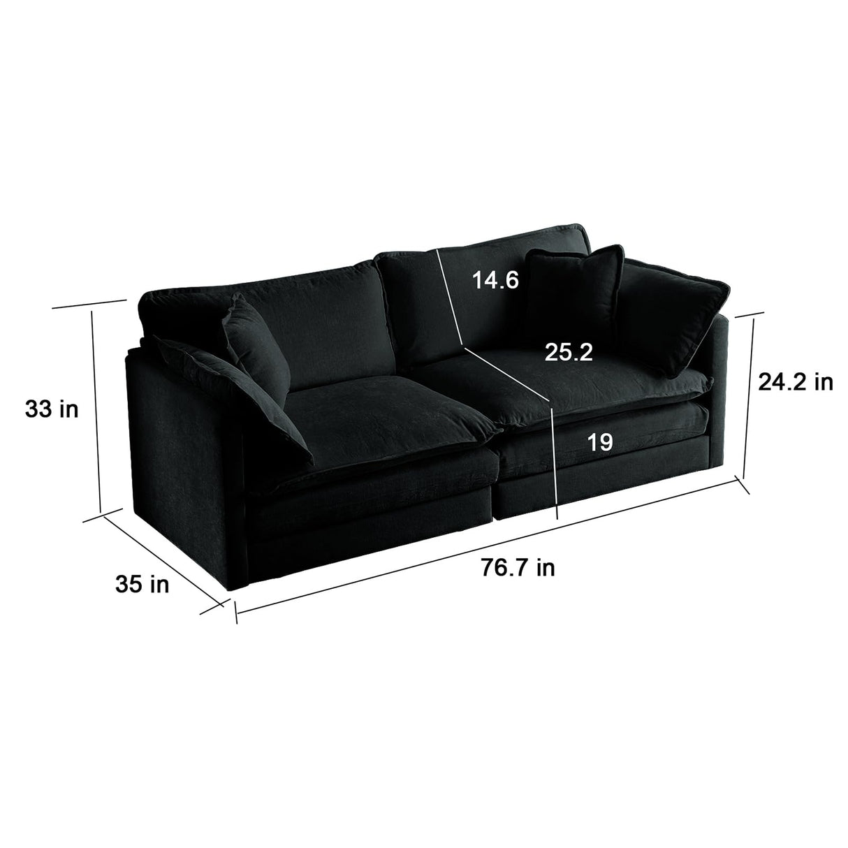 Neylory 76.7" Sofa Couch for Living Room, Modern Comfy Sofa with Extra Depth Seat and 2 Throw Pillow & 2 Armrest Pillow, Love Seat Chenille Couches for Living Room Small Space, Black Neylory
