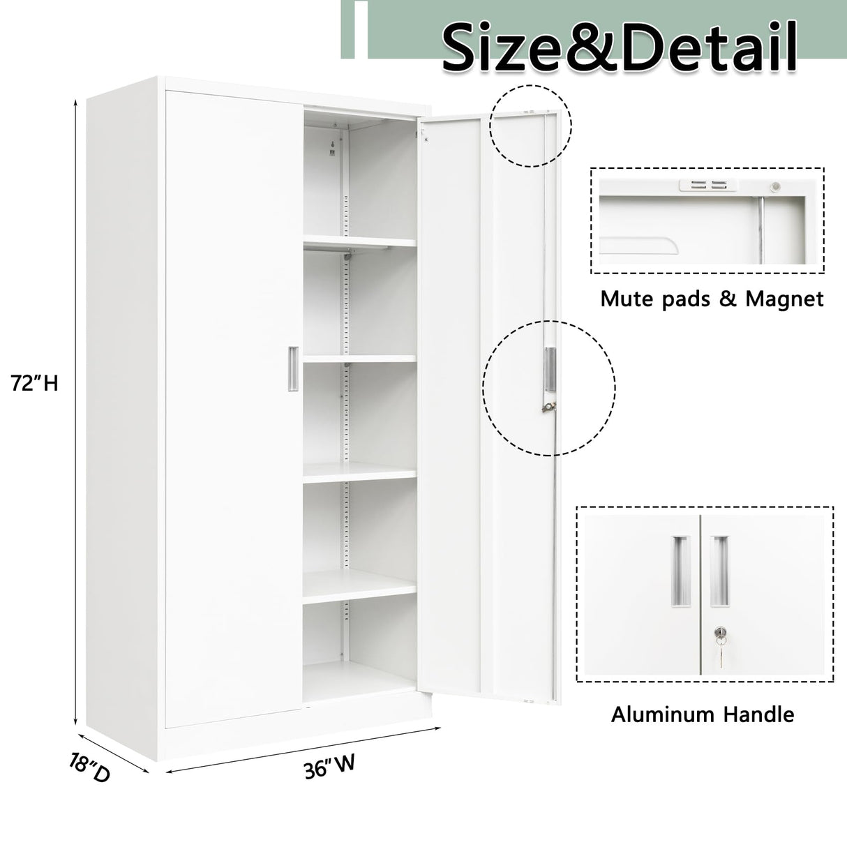 BESFUR Metal Storage Cabinet, 72" - White Garage Metal Cabinet, Adjustable Shelves and Locking Doors for Office, School, Garage BESFUR