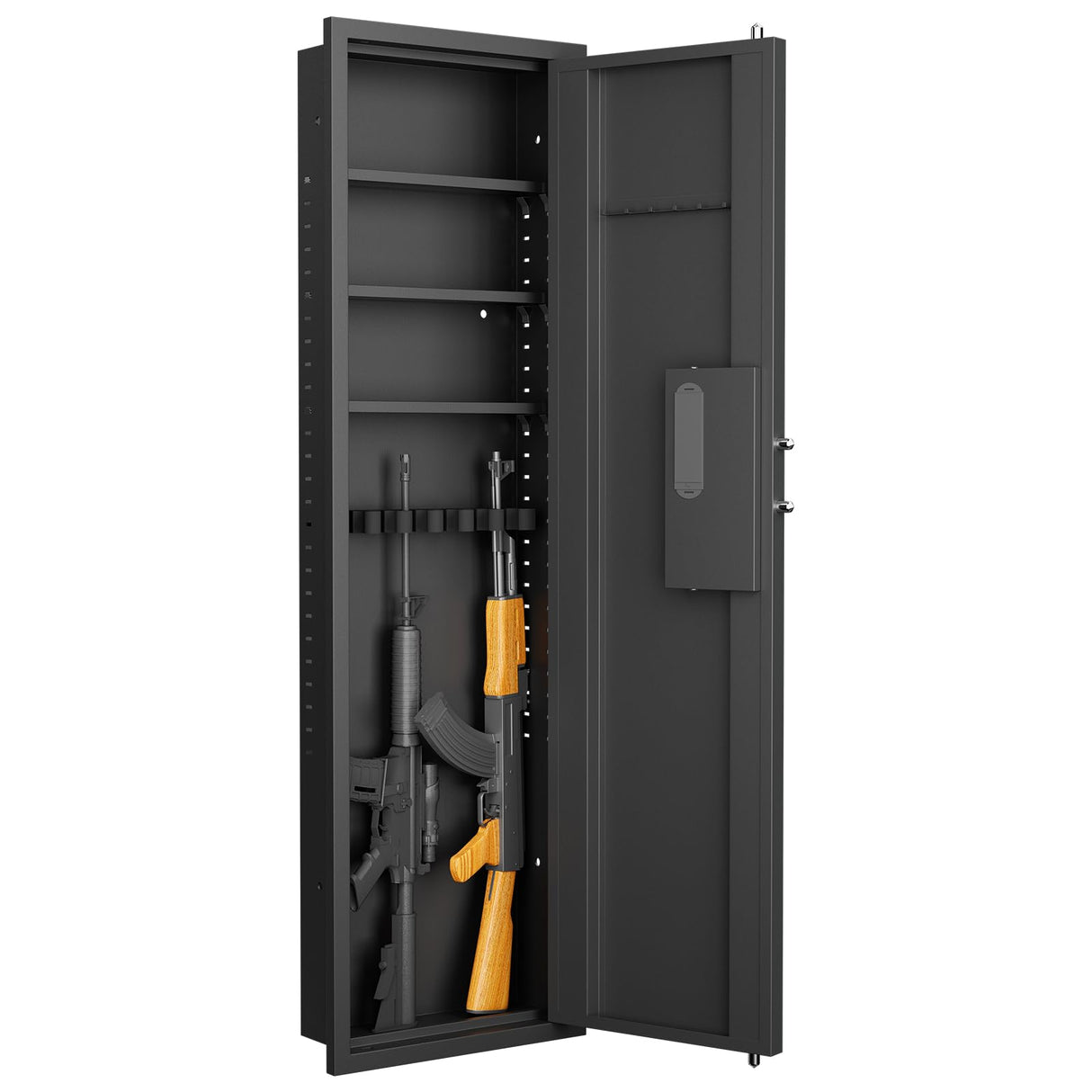 53" in-Wall Safe with Fingerprint Biometric Access - Gun Security Cabinet for Rifles & Pistols Between Studs, Adjustable Shelves, Fully Assembled, Hidden Installation Black Anveffeg