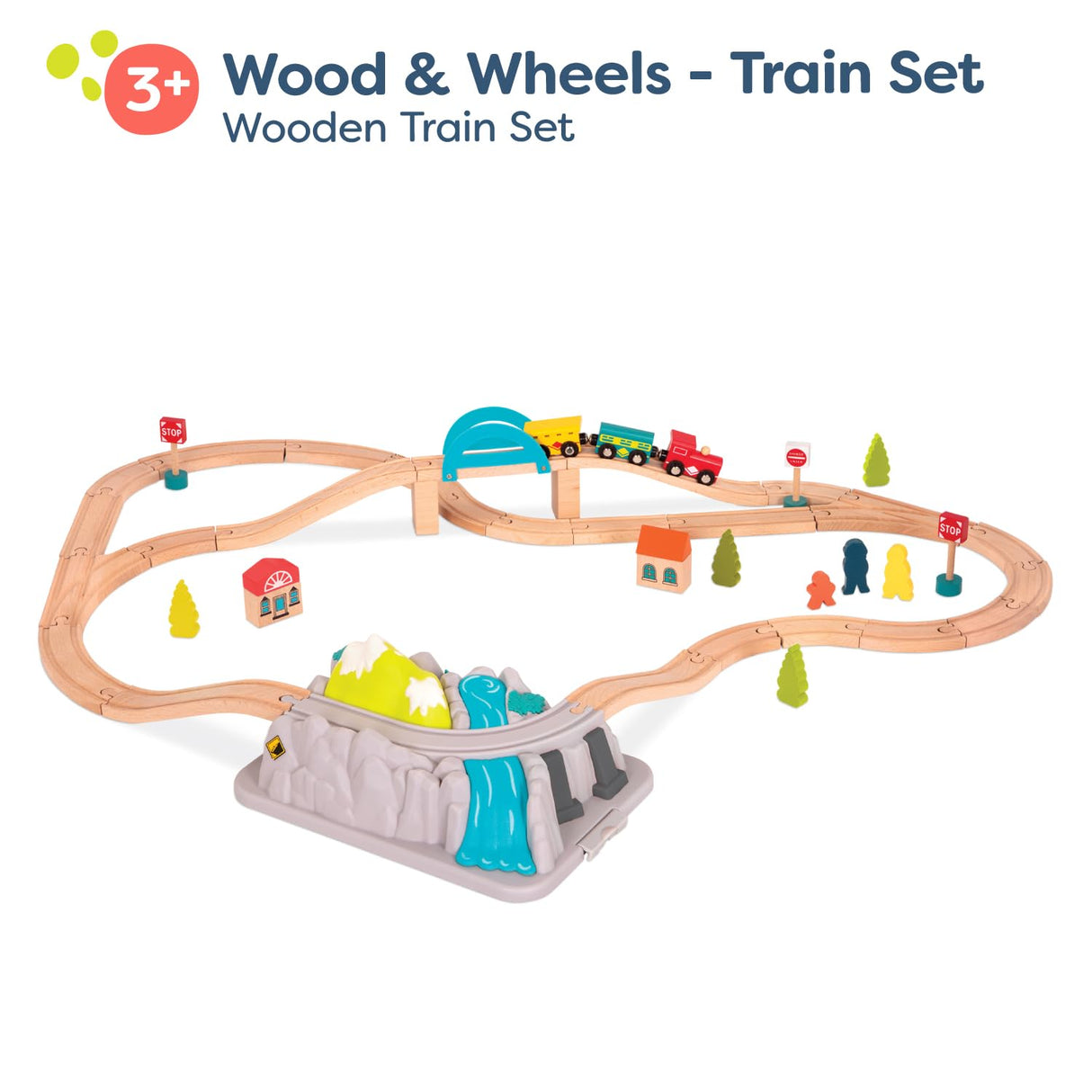 B. toys- Wood & Wheels Train Set- 47pc Wooden Train Set- Train Tracks & Accessories – Storage Bucket with Mountain Lid – Classic Toys for Toddlers, Kids – 3 Years + B. toys