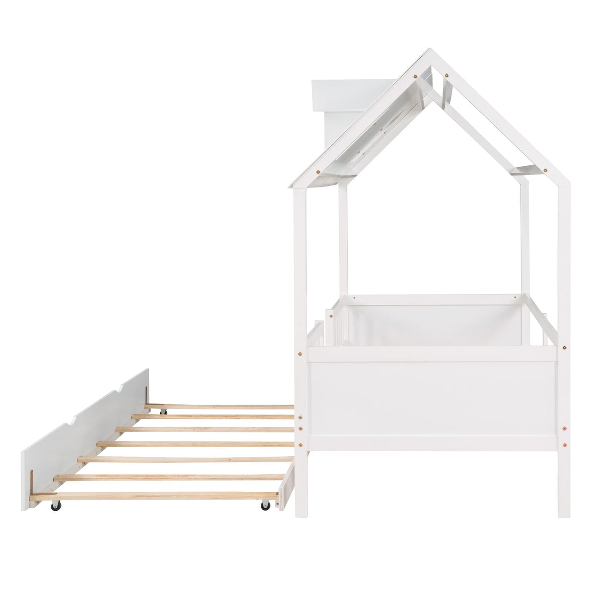 DHPM Twin Size Wooden Playhouse Bed with Trundle and Safety Fence in White DHPM