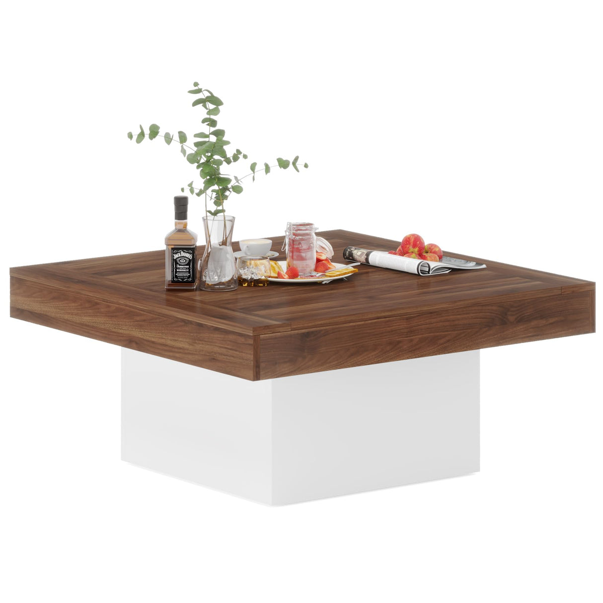 Tribesigns Coffee Table Square LED Coffee Table Engineered Wood Low Coffee Table for Living Room (Retro Brown+White) Tribesigns