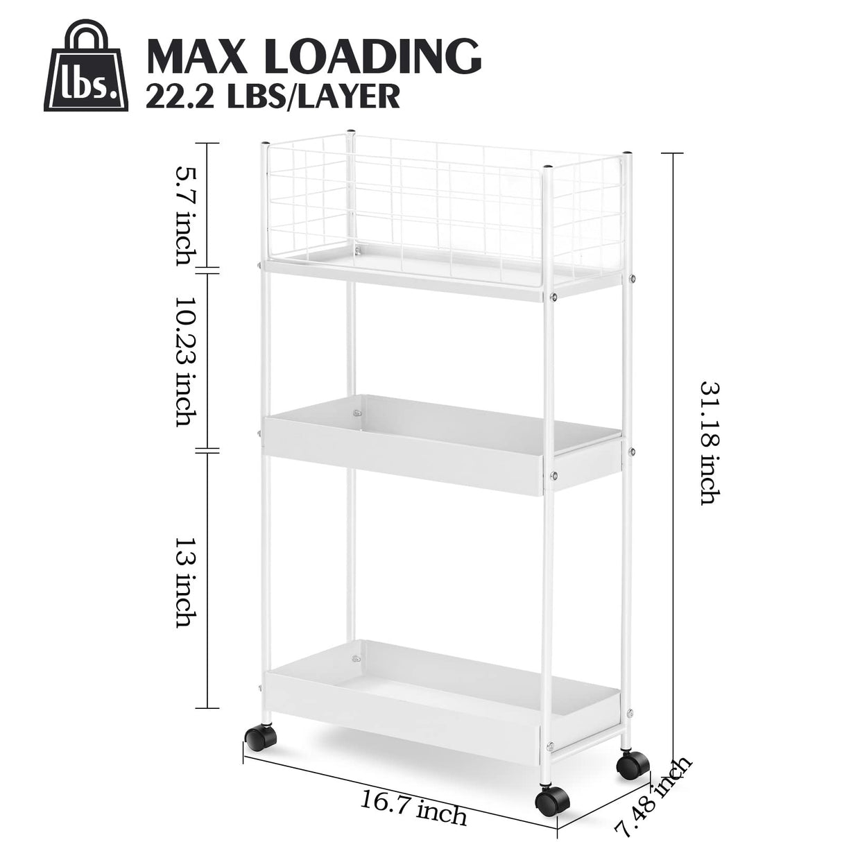 KINGRACK 3-Tier Rolling Utility Cart with Wheels, Metal Slim Storage Cart, Multifunctional Storage Organizer, Rolling Storage Cart for Kitchen, Office, Bathroom, Narrow Place, White KINGRACK