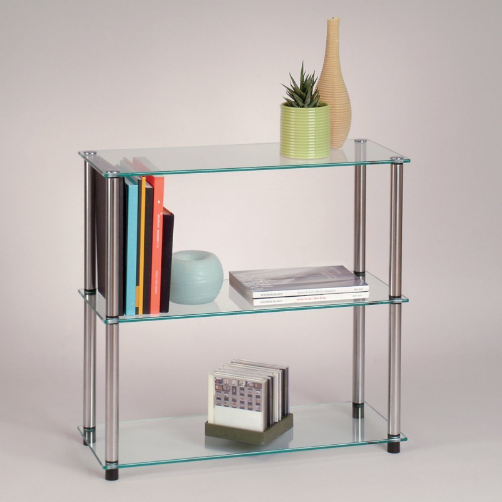 Convenience Concepts Designs2Go Classic Glass 3-Tier Bookshelf 28" - Modern Media Stainless Steel Bookcase for Living Room, Display Storage Shelves for Family Room, Bathroom, Office, Glass/Chrome Convenience Concepts