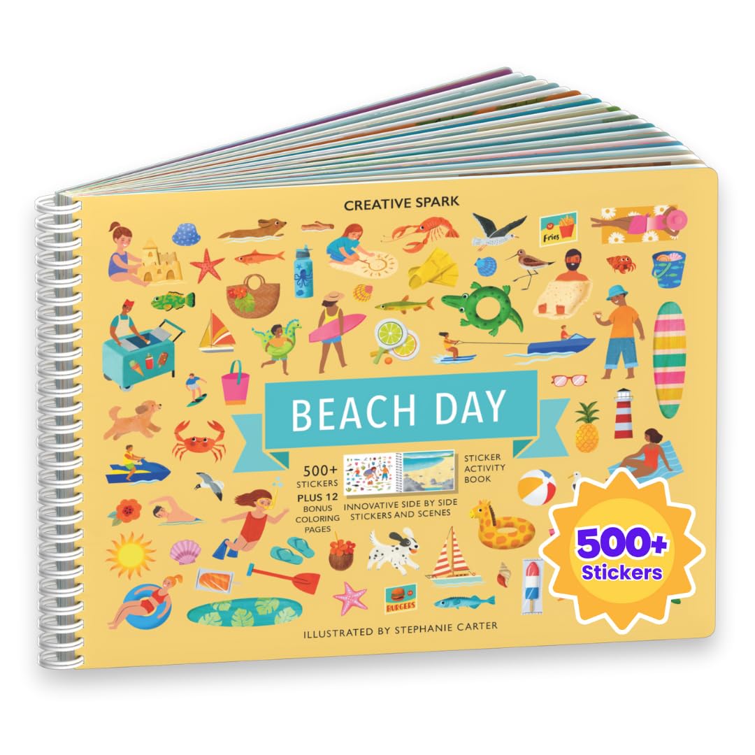 CUPKIN Sticker Book for Kids 2-4, 500+ Kids Stickers, Beach Day 12 Coloring Pages 12 Side by Side Scenes, Fun Toddler Travel Activity Coloring and Sticker Books for Children Ages 4-8 + 8-10 CUPKIN