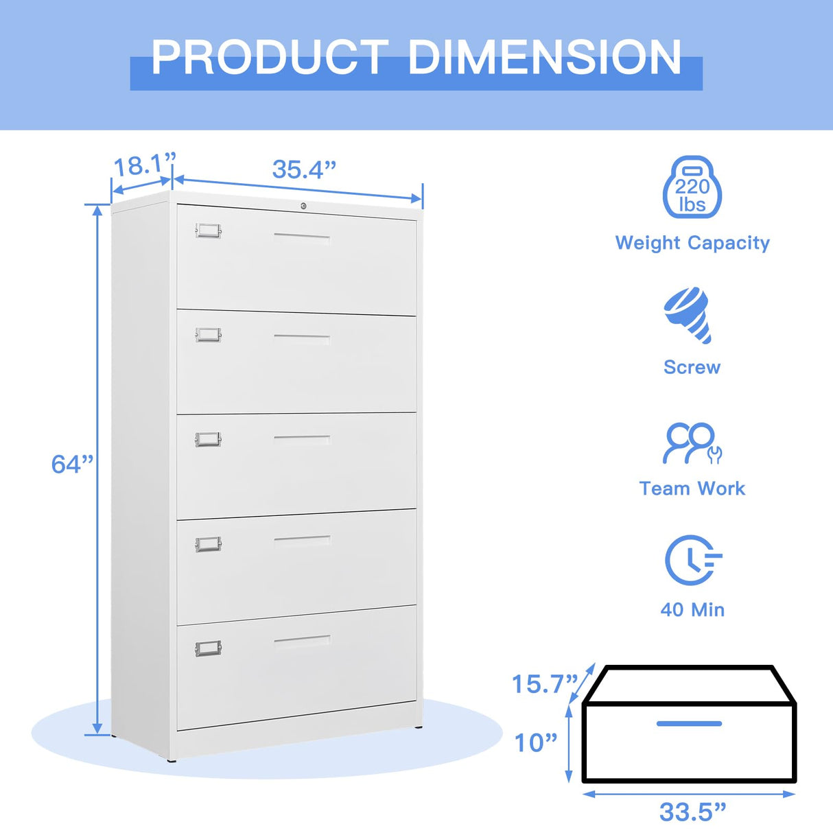 Yizosh 5-Drawer Metal Locking File Cabinet in White - Organiser for Home or Office Yizosh