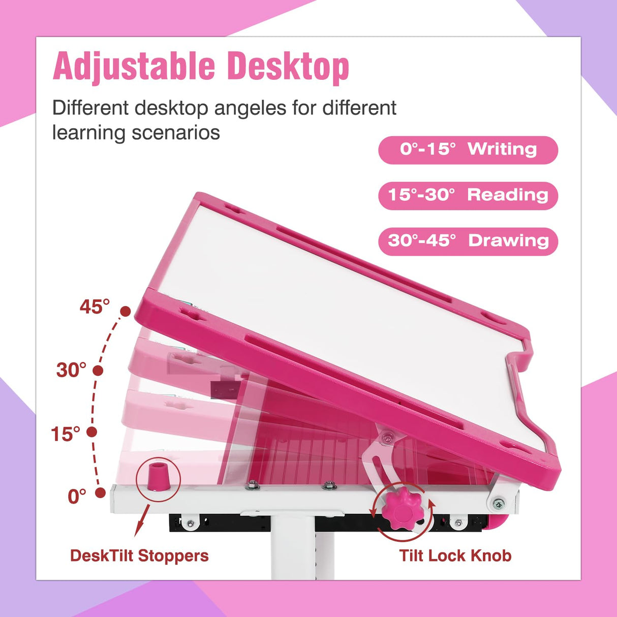 PayLessHere Kids Desk and Chair Set,Height Adjustable Study Desk for Kids with Pull Out Drawer Storage,Multi-function Study Desk and Chair for Writing, Reading and Drawing (Pink) PayLessHere