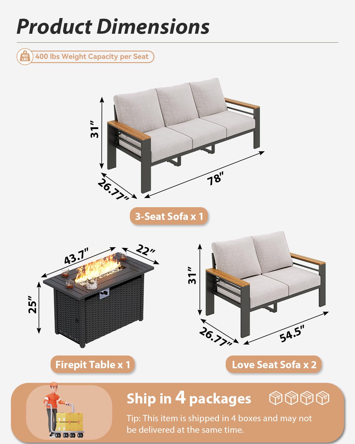 Aoxun Aluminum Outdoor Patio Furniture Set, 7 Seats Outdoor Sectional with Fire Pit Table, Patio Conversation Sets with Upgraded Armrests and Cushions for Backyard, Garden and Poolside(Grey) Aoxun