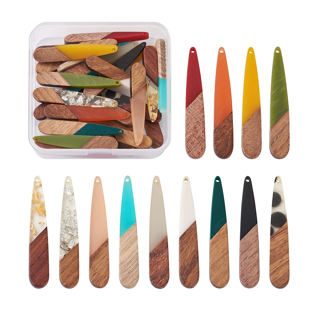 Beadthoven 26pcs/13 Pairs Natural Wood Resin Teardrop Charms DIY Earrings Pendants Mixed Colors Long Water Drop Shape Wooden Pendants for Statement Jewelry Making Findings BB Beadthoven