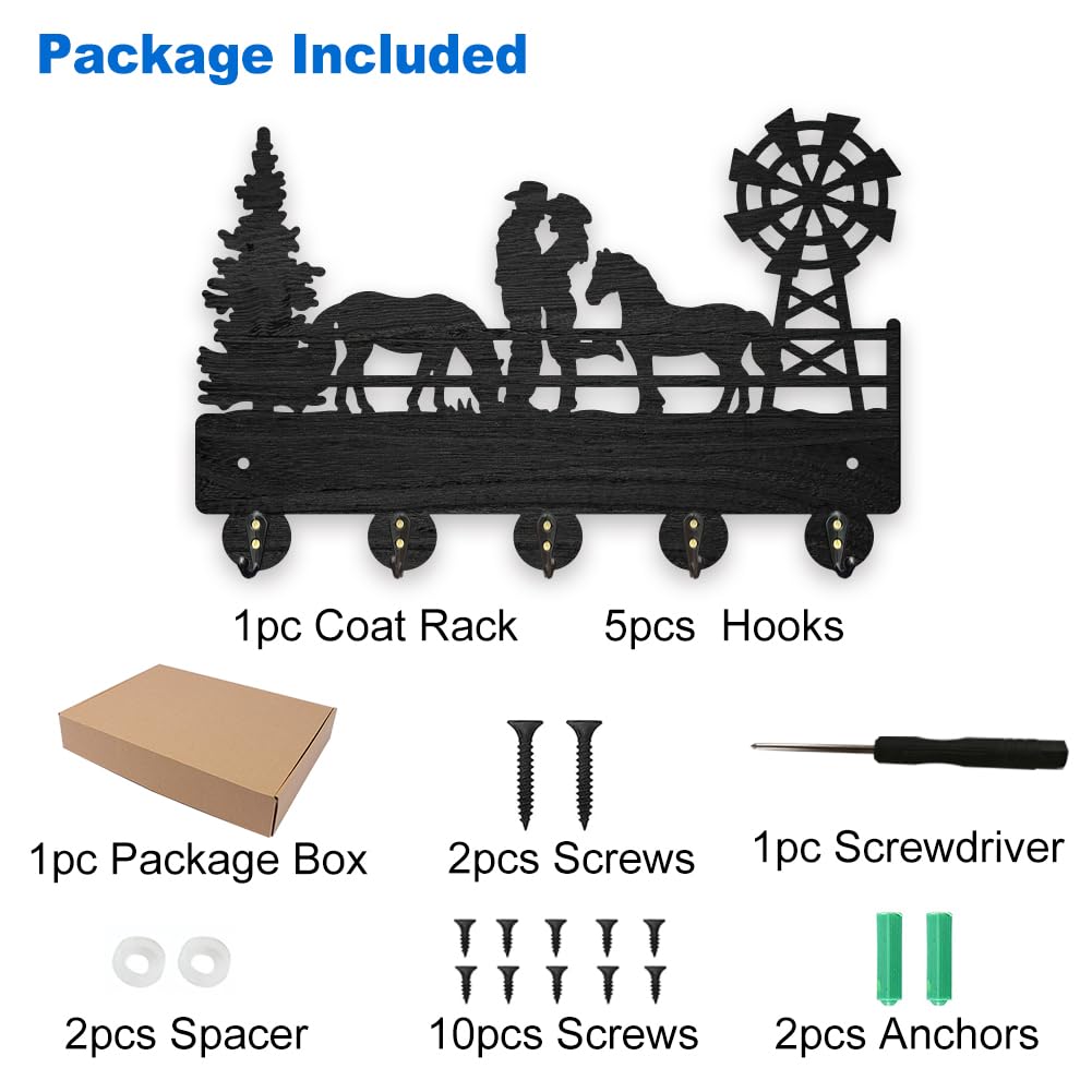 MAYJOYDIY Wood Cowboy Horse Farm Coat Hooks Farmhouse Cowgirl Windmill Key Holder for Wall 11.8×7.9inch Wall Art Decor Gift Black Wall Key Rack Organizer 5 Alloy Hooks for Bedroom Kitchen Entryway MAYJOYDIY