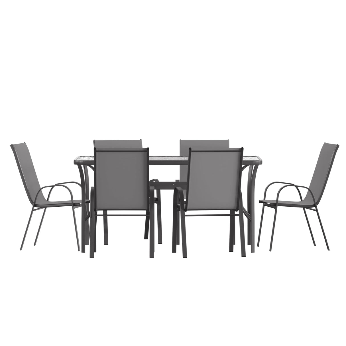 Flash Furniture Brazos Commercial Outdoor Dining Set, 60" Tempered Glass Patio Table with Umbrella Hole, 6 Stack Chairs with Flex Comfort Seats and Backs, Gray/Black Flash Furniture