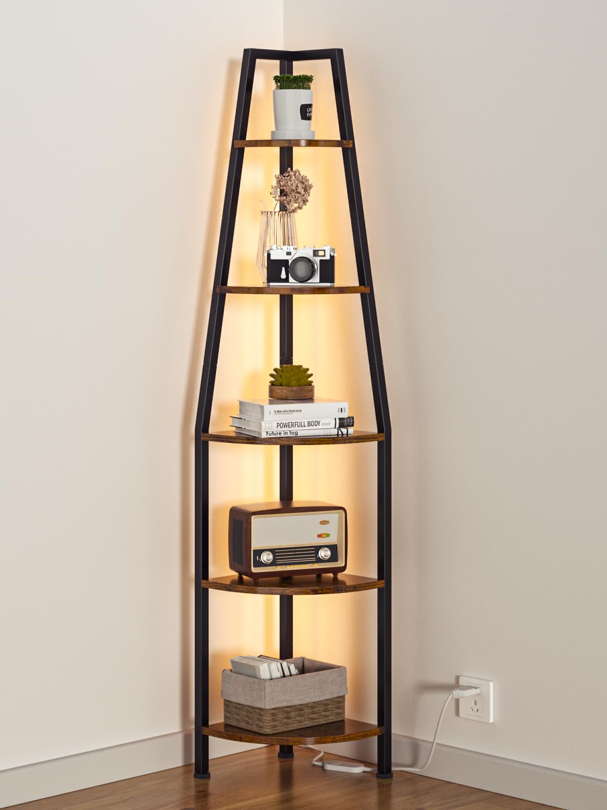Furnulem 5 Tier Corner Shelf with LED Light, 67.2” Tall Standing Shelf for Wall Corner, Narrow Bookshelf Ladder Shelf for Bedroom, Living Room, Plant, Wood Storage Rack, Metal Frame (Rustic Brown) Furnulem