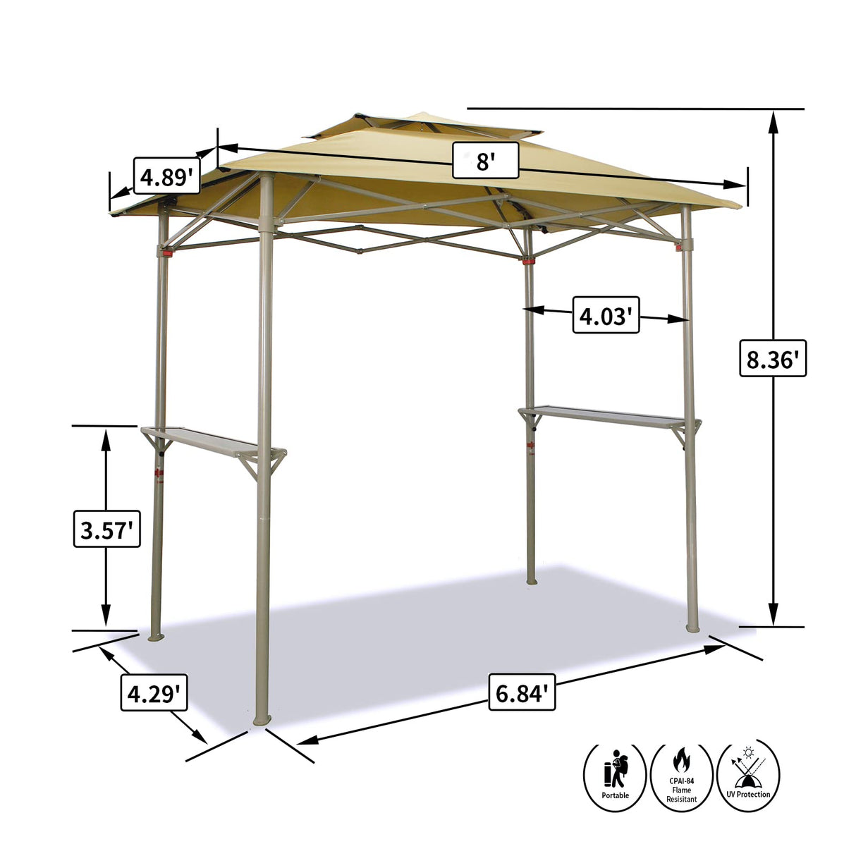 Crown Shades 8x5 Grill Gazebo - Pop Up Canopy for BBQ and Backyard Patio - Easy Outdoor Barbecue Shade Cover with Double Tier Vented Top & 2 Side Shelves (Beige) CROWN SHADES