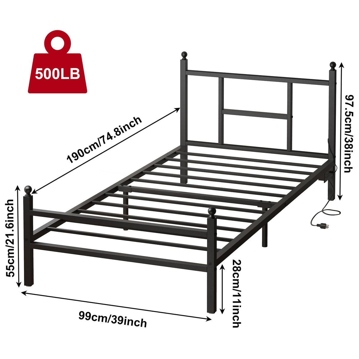 Fixwal Twin Bed Frame with Charging Station, Metal Bed Frame with Port and Outlet, Black Fixwal