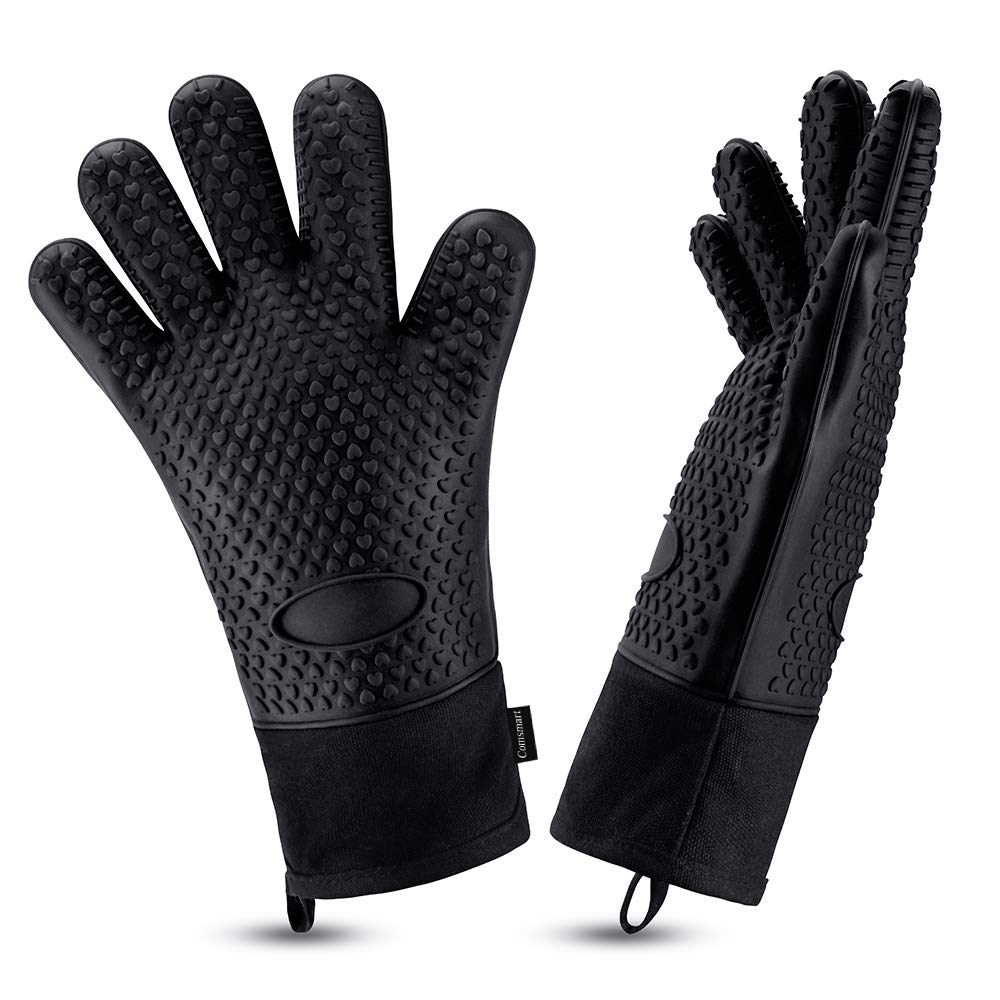 Comsmart BBQ Gloves, Heat Resistant Silicone Grilling Gloves, Long Waterproof BBQ Kitchen Oven Mitts with Inner Cotton Layer for Barbecue, Cooking, Baking, Smoker(Black) Comsmart
