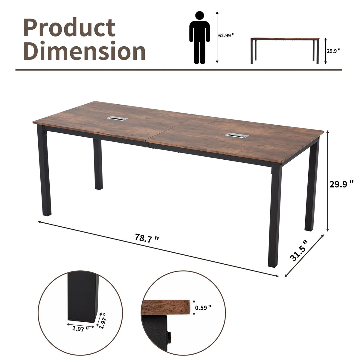 ECOTOUGE 6.5FT Conference Table, 78.7 inch Rectangle Meeting Seminar Table for 6-8 People, Modern Industrial Computer Desk with Spacious Desktop Business Tables for Home Office(Only Table) (Brown) ECOTOUGE