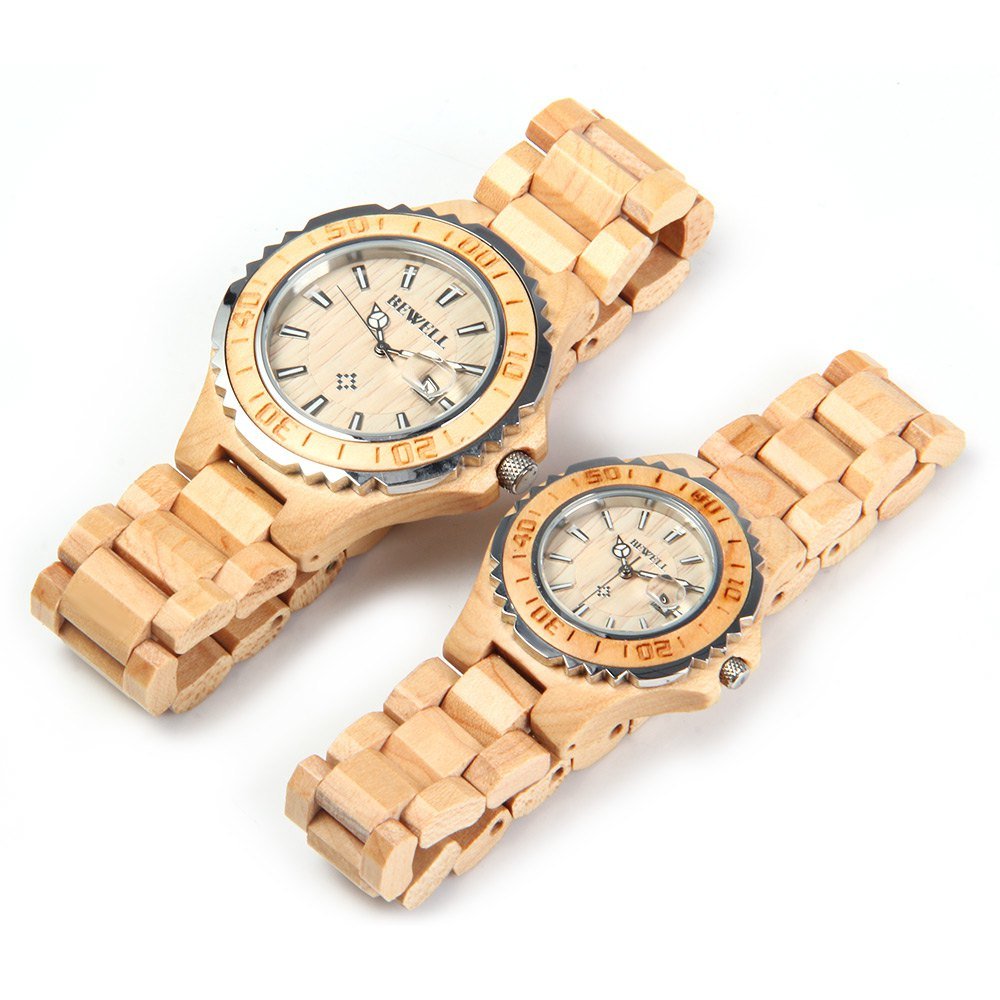 BEWELL ZS-100B Couple Watch Quartz Movement Wooden Watches His and Hers Handmade Lightweight Date Wristwatches BEWELL
