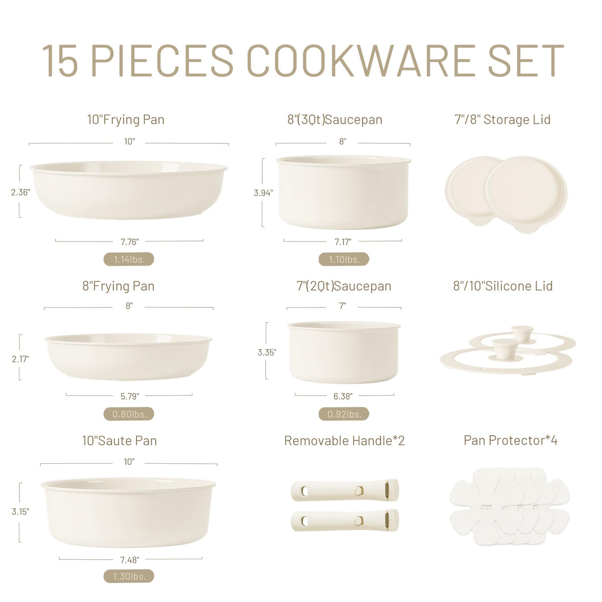 CAROTE 15pcs Ceramic Cookware Set, Pots and Pans Set Non Stick, Induction Kitchen Cookware Sets, Non Stick RV Cookware Set with Detachable Handle, Dishwasher/Oven Safe Cookware Set, Cream White CAROTE