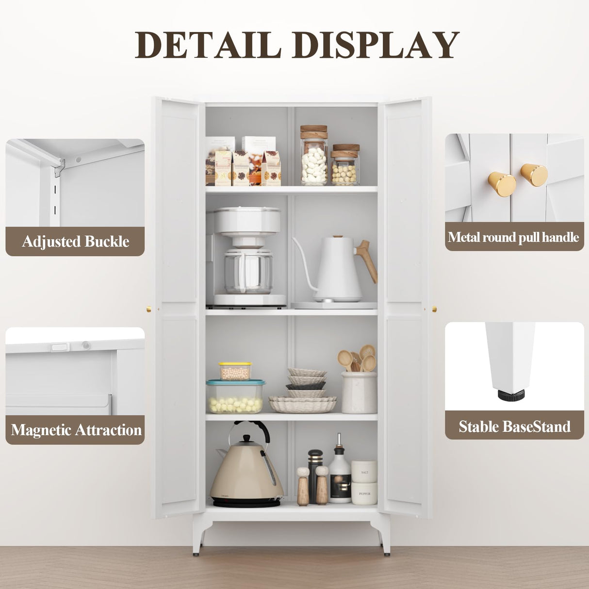 FATIGOS Metal Pantry Storage Cabinet, Kitchen Pantry Cabinets with 2 Doors and Adjustable Shelves, 65" White Metal Pantry Cabinet, Steel Locker for Kitchen, Living Room, Dining Room FATIGOS