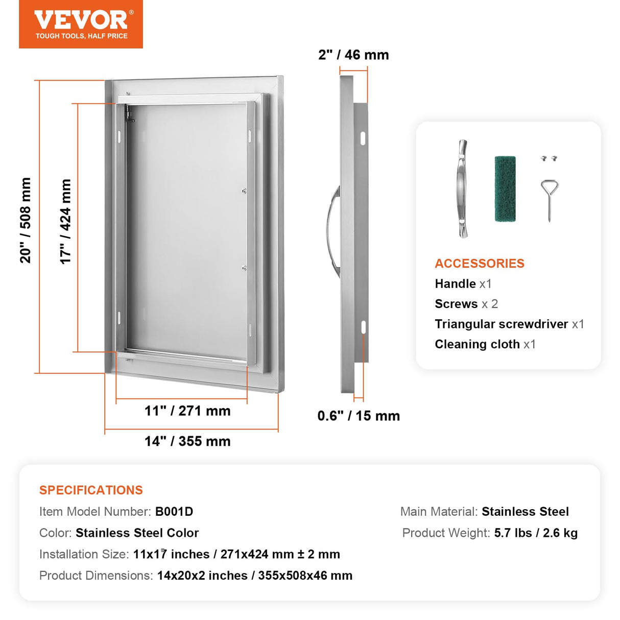 VEVOR BBQ Access Door 14W x 20H Inch, Vertical Single BBQ Door Stainless Steel, Outdoor Kitchen Doors for BBQ Island, Grill Station, Outside Cabinet VEVOR