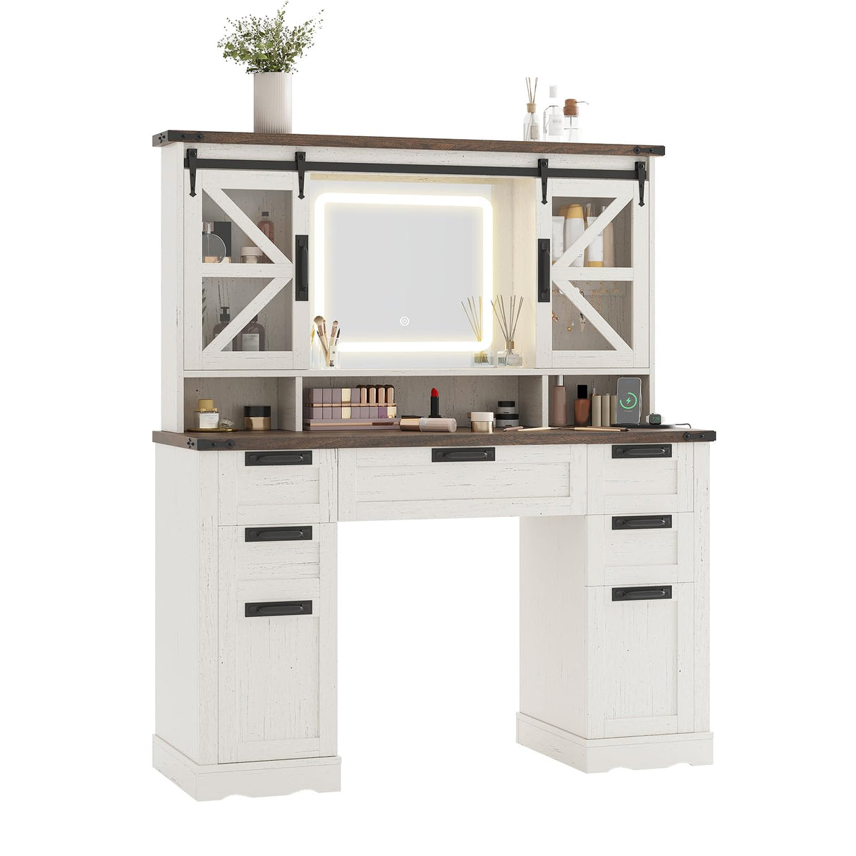 Vabches Farmhouse Makeup Vanity with Sliding Cabinets, White Vanity Desk with Lights Mirror and Power Outlet, Rustic Dressing Table with 4 Drawers&2 Storage Cabinets for Bedroom Vabches