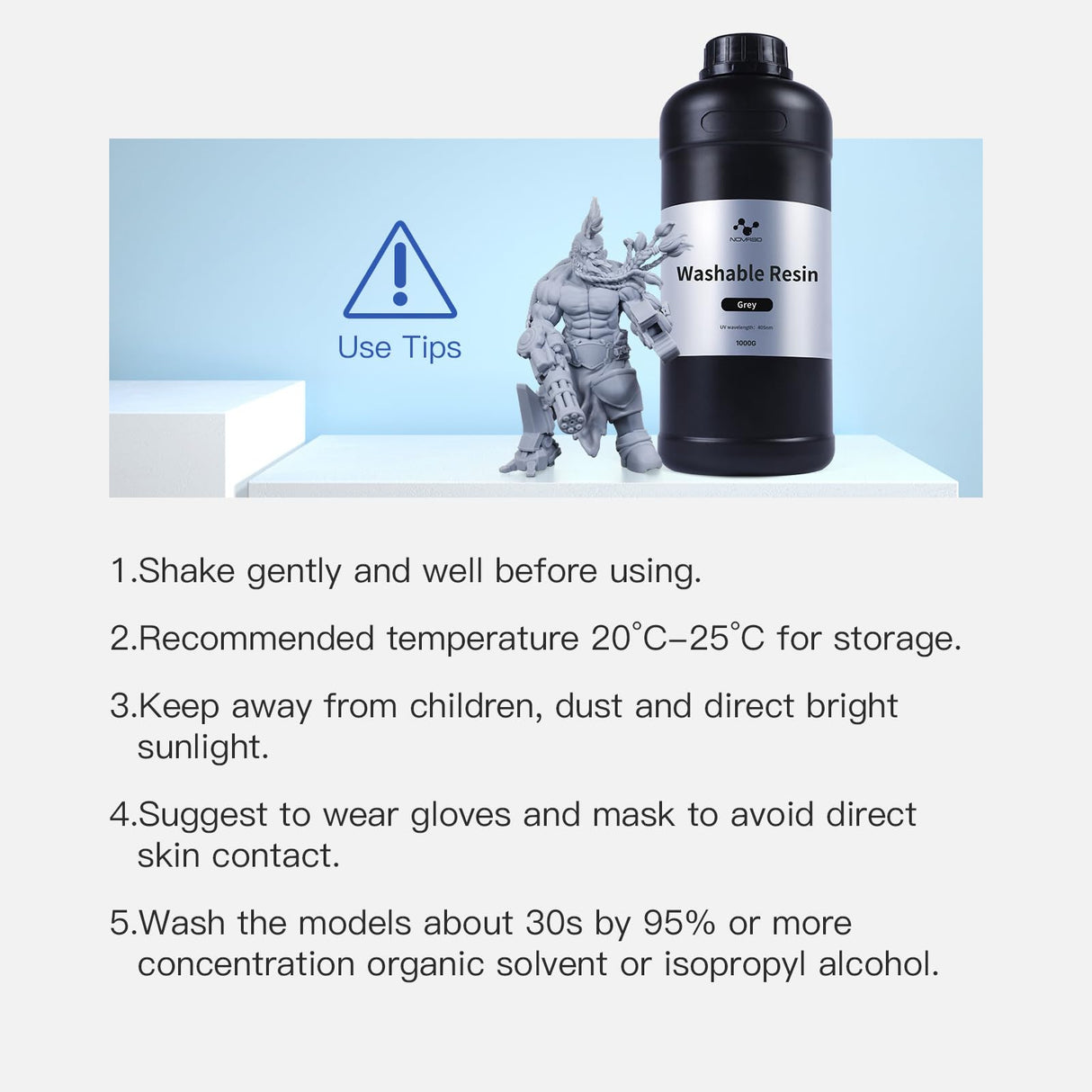 NOVA3D Water Washable 3D Printer Resin, High Toughness 3D Printing Photopolymer Resin, High Precision 405nm UV Fast Curing 3D Resin for LCD/DLP/SLA Resin 3D Printers, Low Odor(Gray, 1kg) NOVA3D