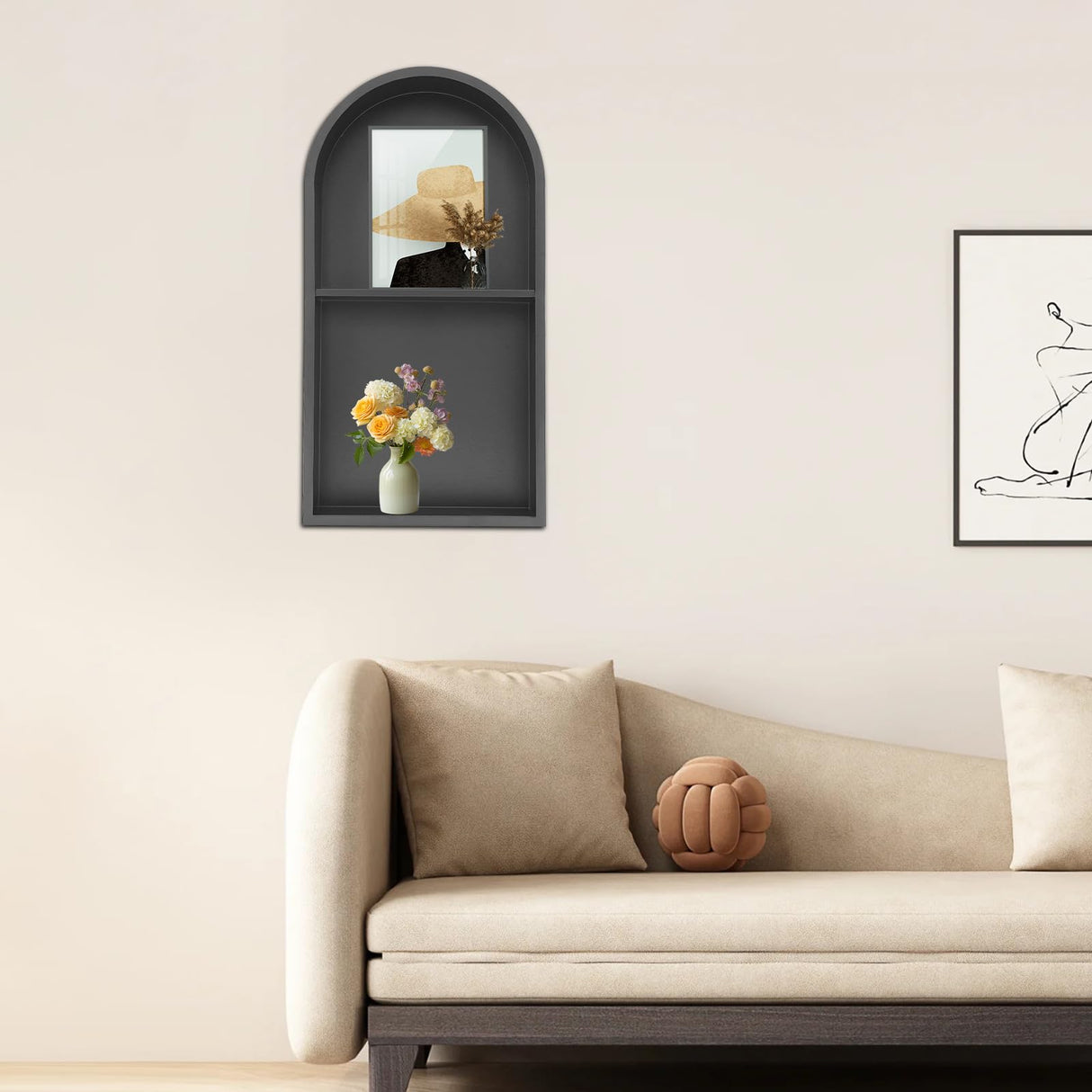 Stainless Steel Shower Niche 12" X 24", Recessed Wall Niche Arched for Shower Wall, No Tile Needed Bathroom Arched Niche Double Shelves Recessed Shower Shelf (Black) WPORDE